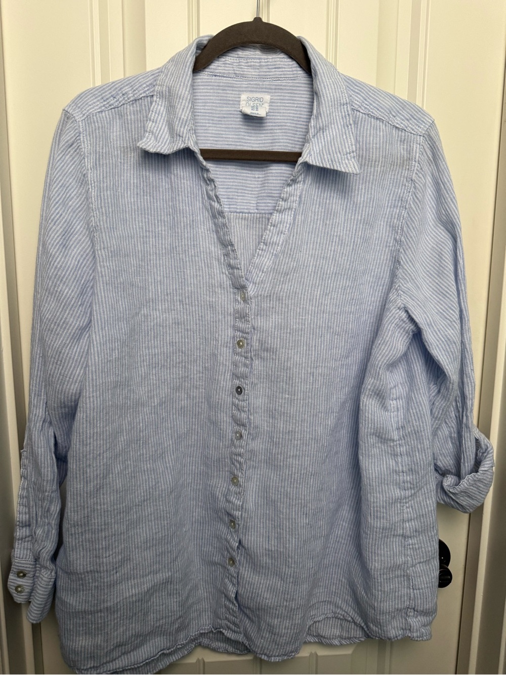 Sigrid Olsen Pale Blue Linen Pinstripe Button-Down Shirt -Women’s 1X